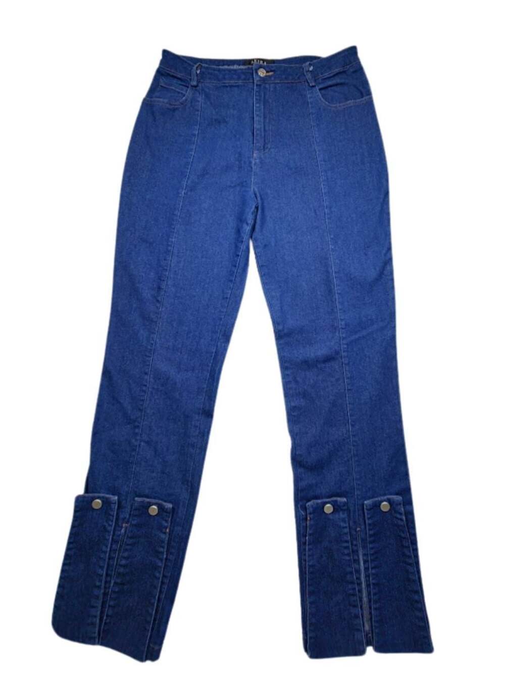 AKIRA XL Blue Denim High-Waisted Pintuck Jeans with Snap Button Split Ankle Y2K